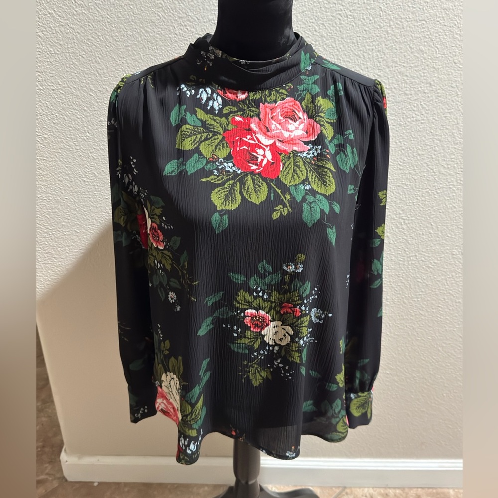 LOFT Floral Mock-Neck Long-Sleeve Blouse